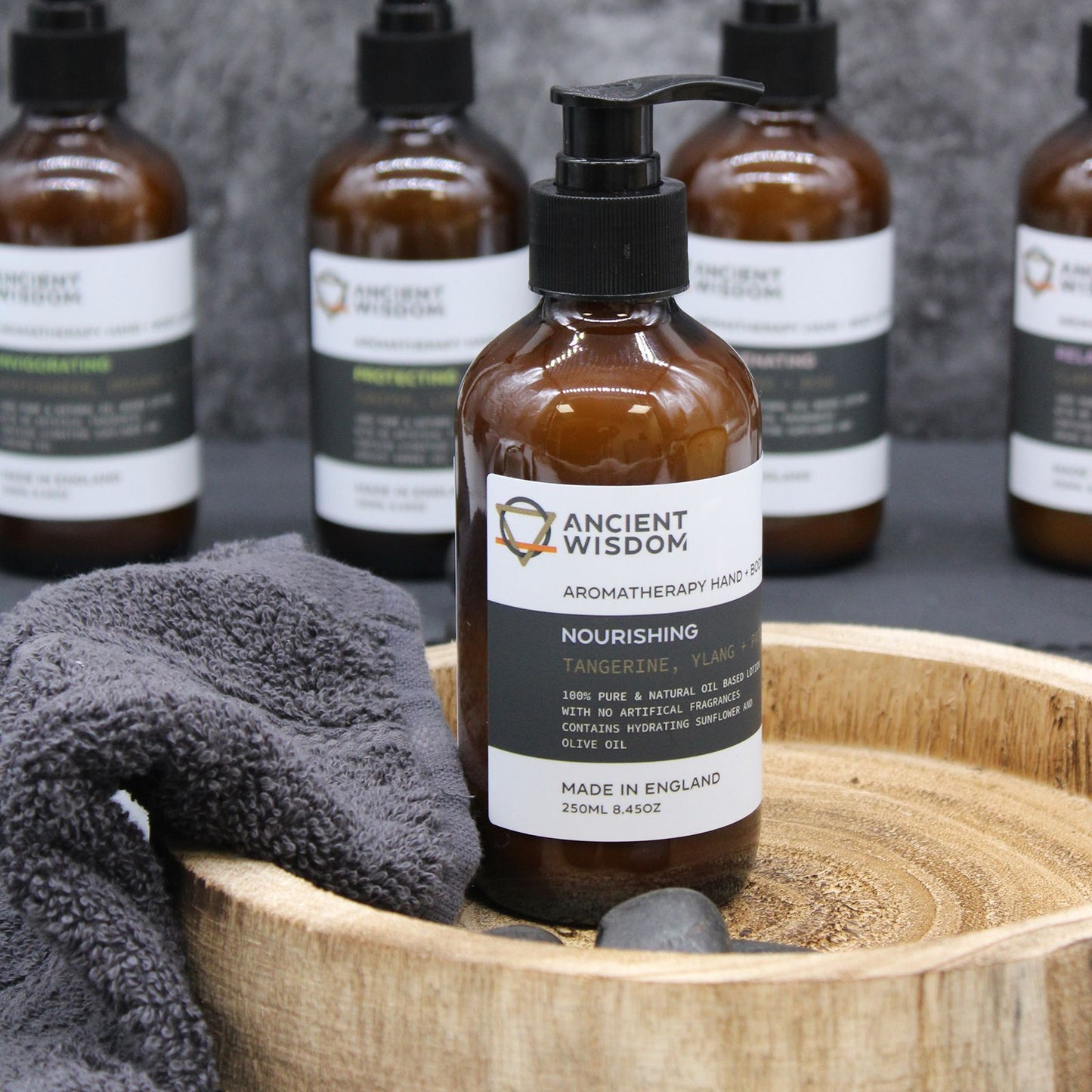 The Bliss Co Mandarin & Ginger Hand & Body Lotion 250ml, showing a sleek bottle of aromatherapy lotion with citrus and ginger scent.
