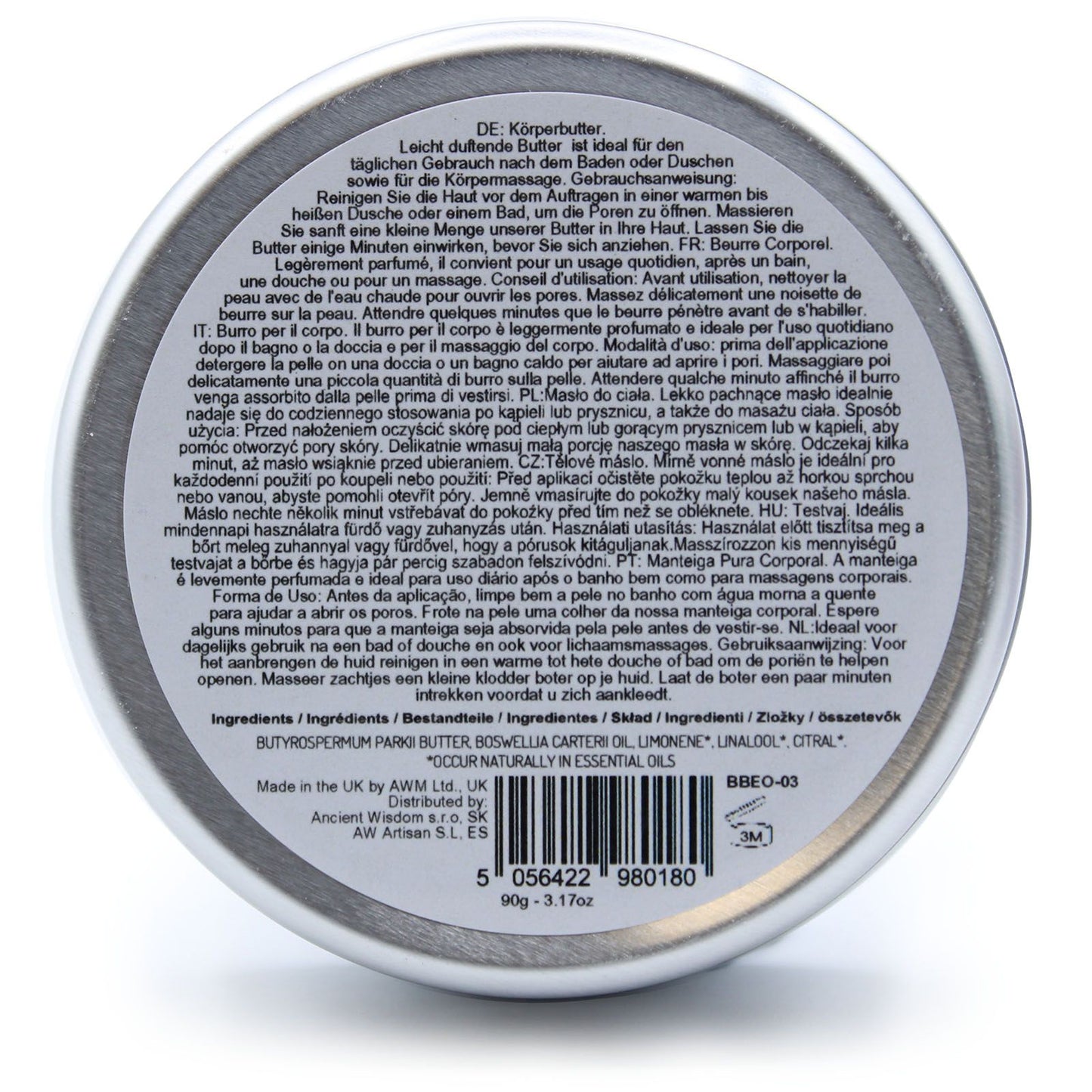Aromatherapy Shea Body Butter by The Bliss Co in 90g jar with frankincense scent, showing smooth shea butter texture.