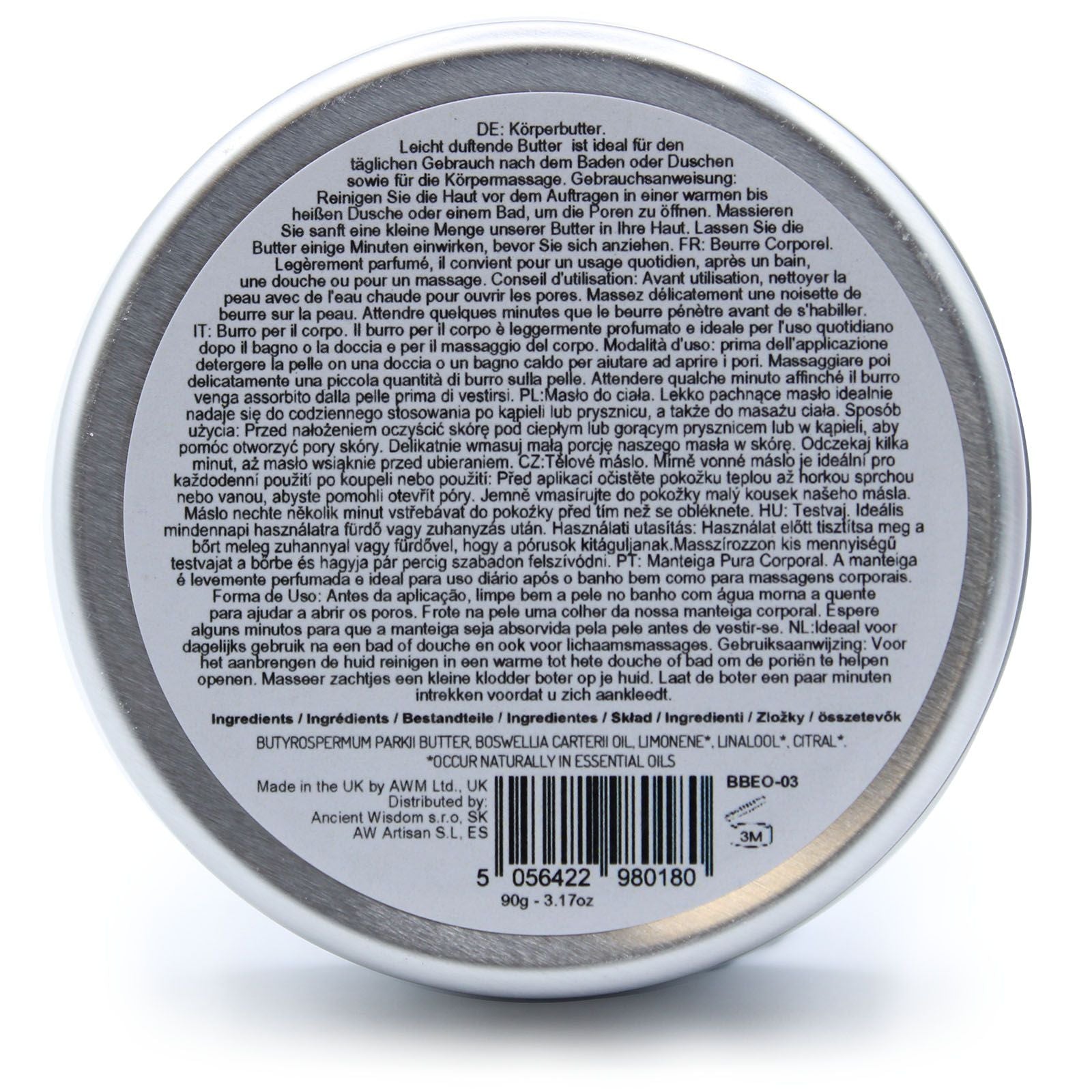 Aromatherapy Shea Body Butter by The Bliss Co in 90g jar with frankincense scent, showing smooth shea butter texture.