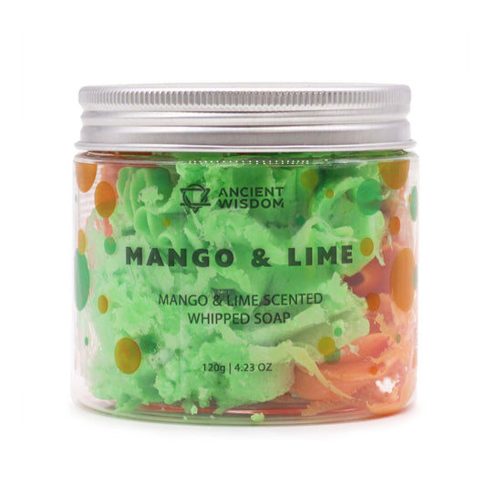 The Bliss Co Mango & Lime Whipped Soap in a 120g jar, showcasing its creamy, fluffy texture with fresh mango and lime scent elements.