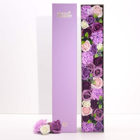 Extra long lavender rose and carnation soap flower gift box by The Bliss Co, beautifully arranged with colorful soap flowers.