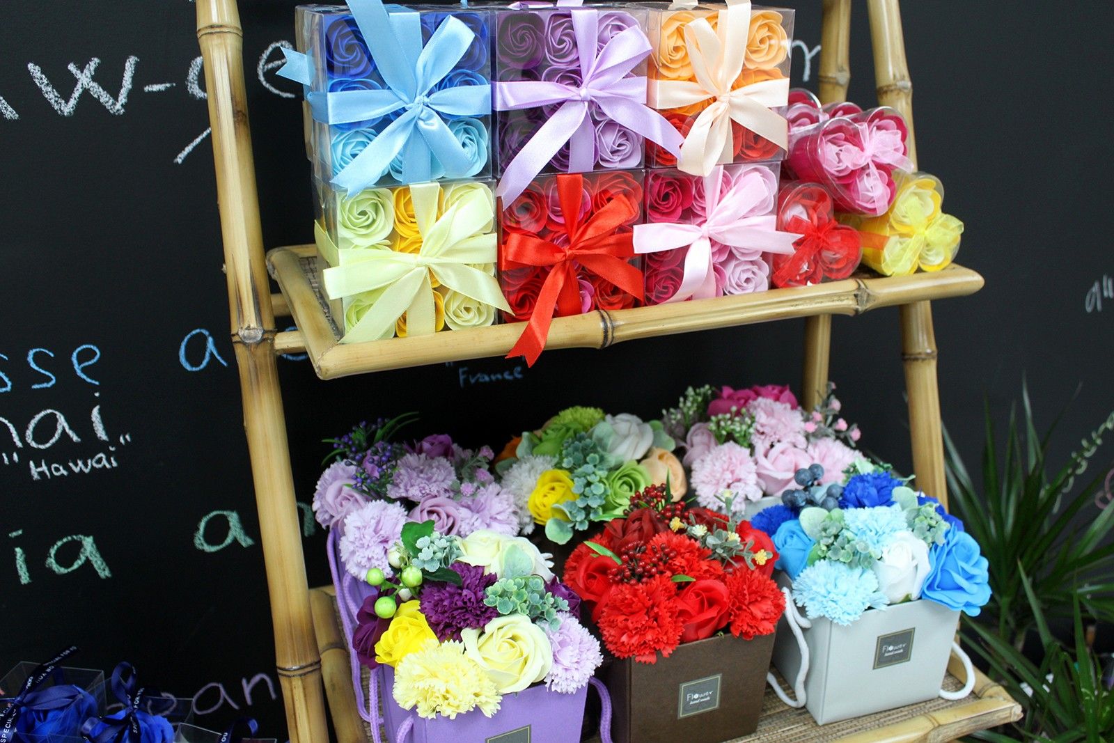 Beautiful luxury soap flower bouquet with vibrant spring flowers by The Bliss Co, showcasing colorful, handcrafted soap blossoms.