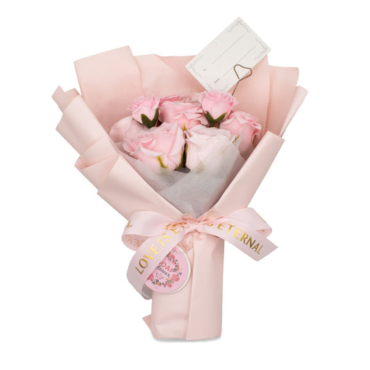 Large pink roses soap flower bouquet from The Bliss Co, arranged beautifully with a love-themed gift card, perfect for special occasions.