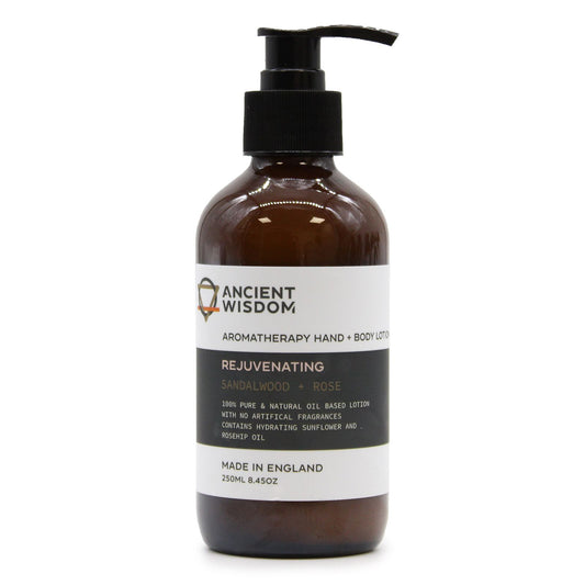 The Bliss Co Sandalwood & Rose aromatherapy hand and body lotion in a 250ml bottle with floral and wooden scent elements.
