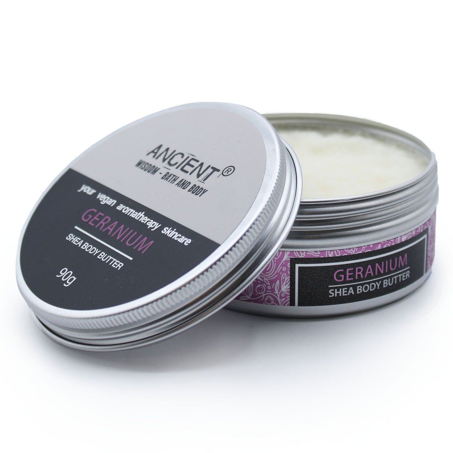 Aromatherapy Shea Body Butter 90g by The Bliss Co with geranium scent, showing a smooth, creamy body butter in a jar.
