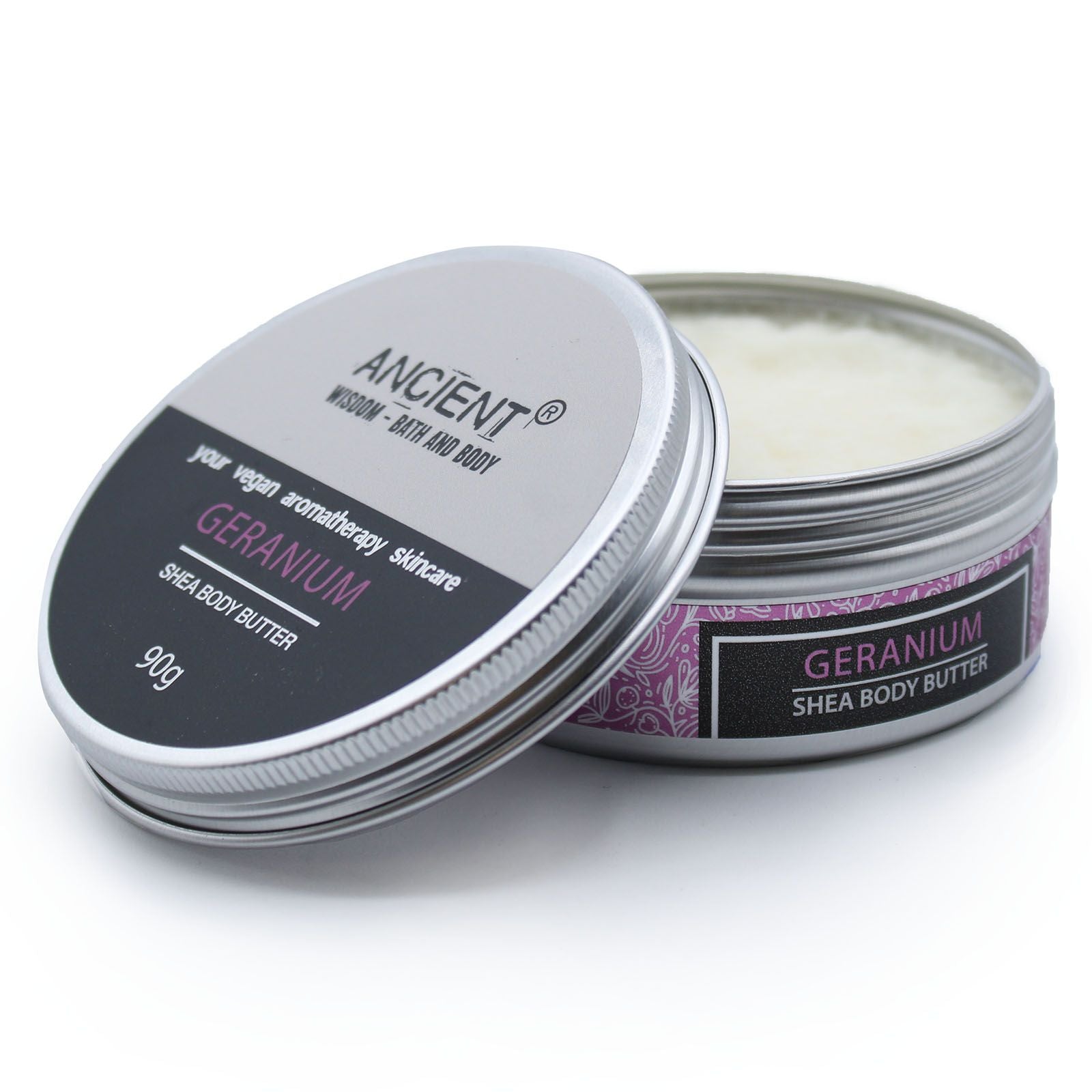 Aromatherapy Shea Body Butter 90g by The Bliss Co with geranium scent, showing a smooth, creamy body butter in a jar.