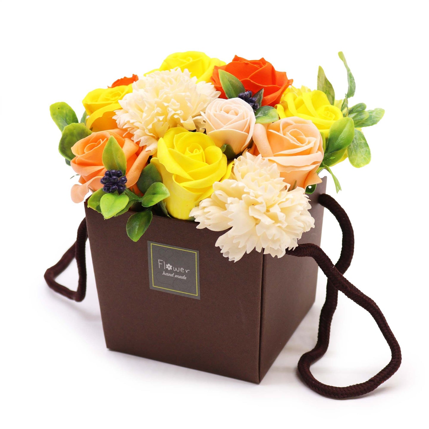 Luxury soap flower bouquet with vibrant spring flowers by The Bliss Co, arranged in a decorative display.