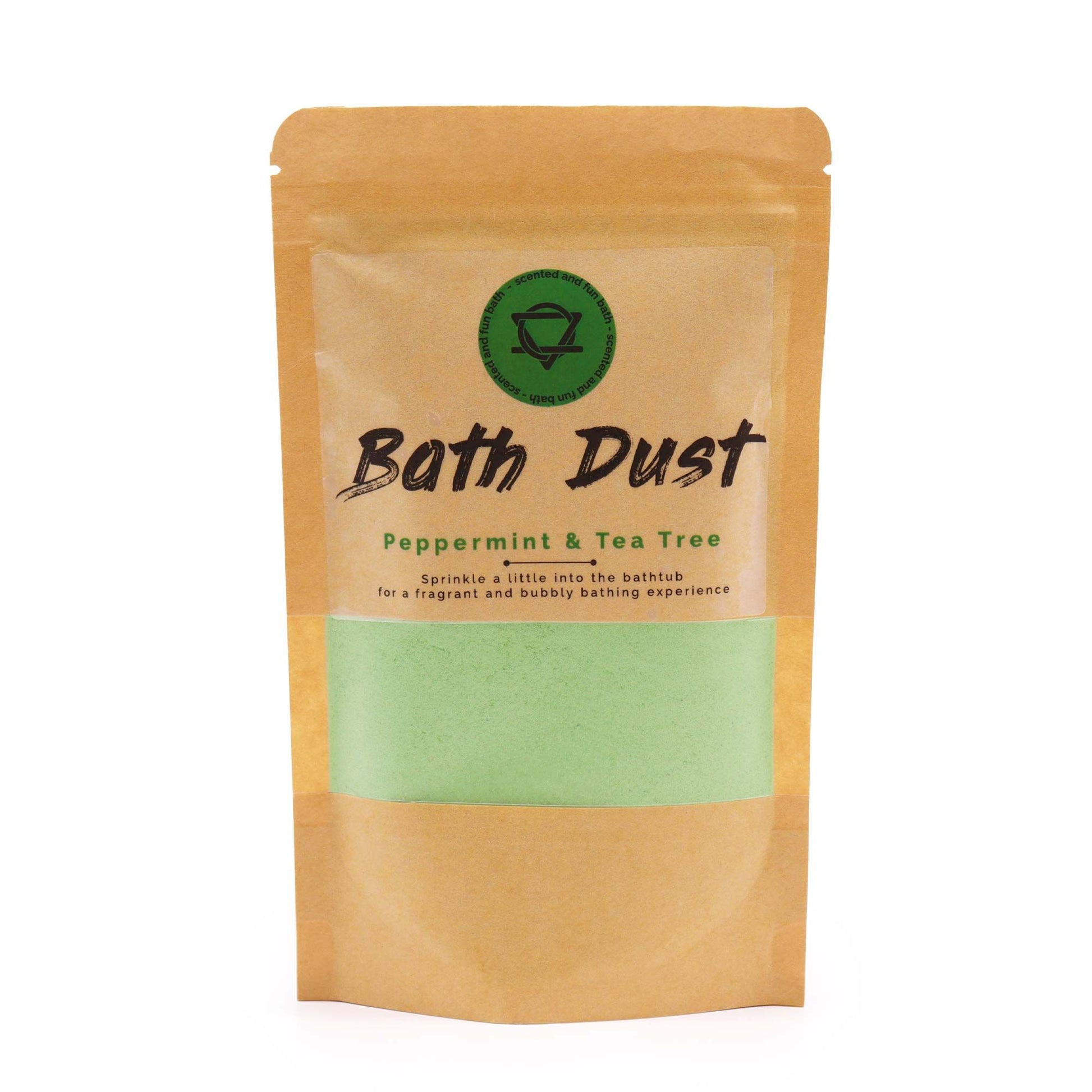 Peppermint and tea tree bath dust in 190g jar by The Bliss Co, with fresh herbs and natural ingredients for soothing bath experience.