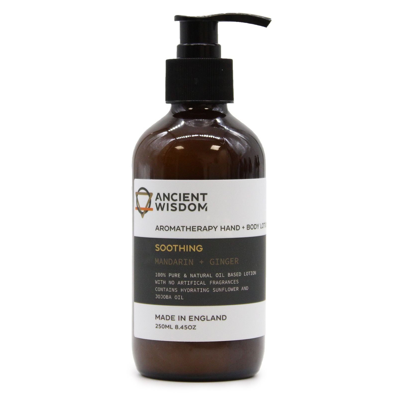 The Bliss Co Mandarin & Ginger Hand & Body Lotion 250ml, shown in a clear bottle with a white pump dispenser.