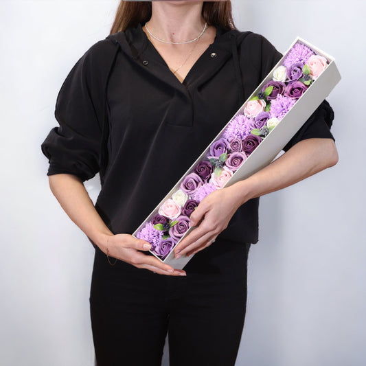 Extra long lavender rose and carnation soap flower gift box by The Bliss Co, beautifully arranged in a decorative box.