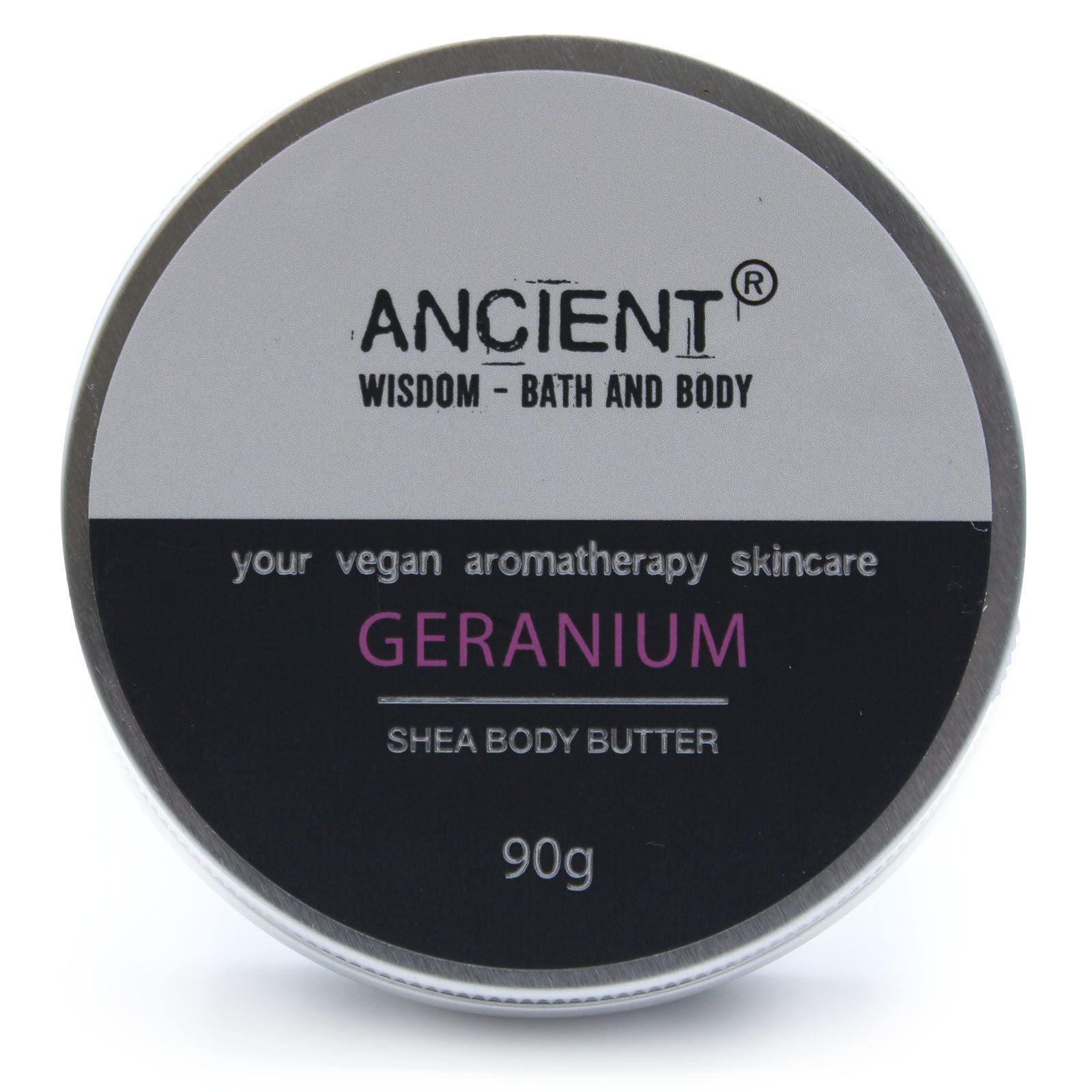 Aromatherapy Shea Body Butter 90g by The Bliss Co with geranium scent, showing a smooth, creamy body butter in a jar.