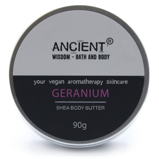 Aromatherapy Shea Body Butter 90g by The Bliss Co with geranium scent, showing a smooth, creamy body butter in a jar.