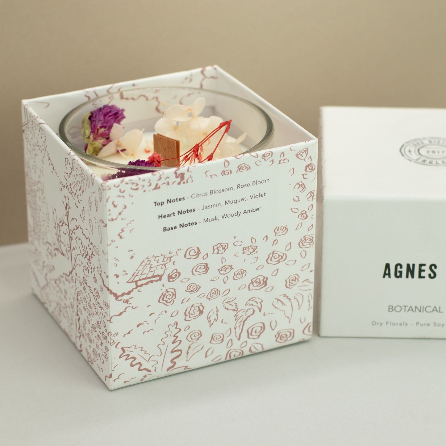 Agnes + Cat Botanical Soy Wax Candle with roses of Sawrey, natural soy wax candle featuring floral design, by The Bliss Co.