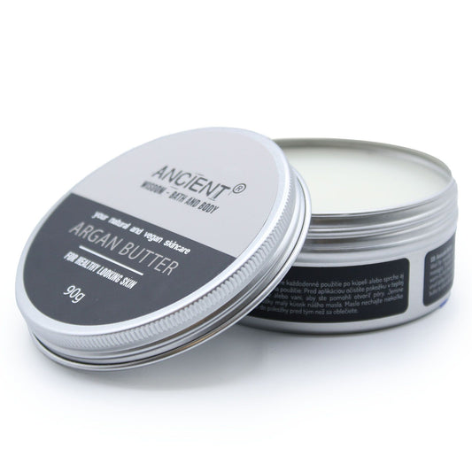 Pure Argan Body Butter by The Bliss Co in a 90g jar, showcasing smooth, creamy texture and rich argan oil ingredients.