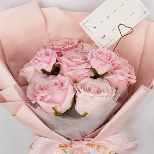 Large pink roses bouquet soap flower arrangement by The Bliss Co with "Love is Eternal" gift card, beautifully arranged for gift-giving.