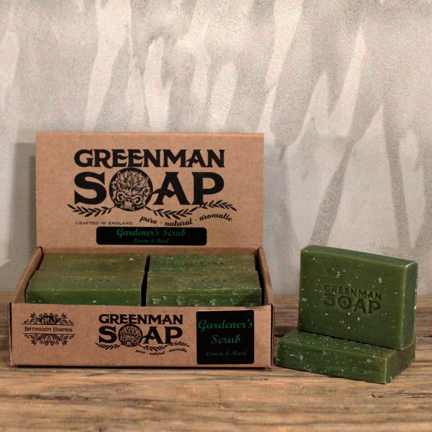 Greenman Soap Slice 100g from Greenman Handmade Soaps by The Bliss Co, featuring a vibrant green soap with natural botanical elements.
