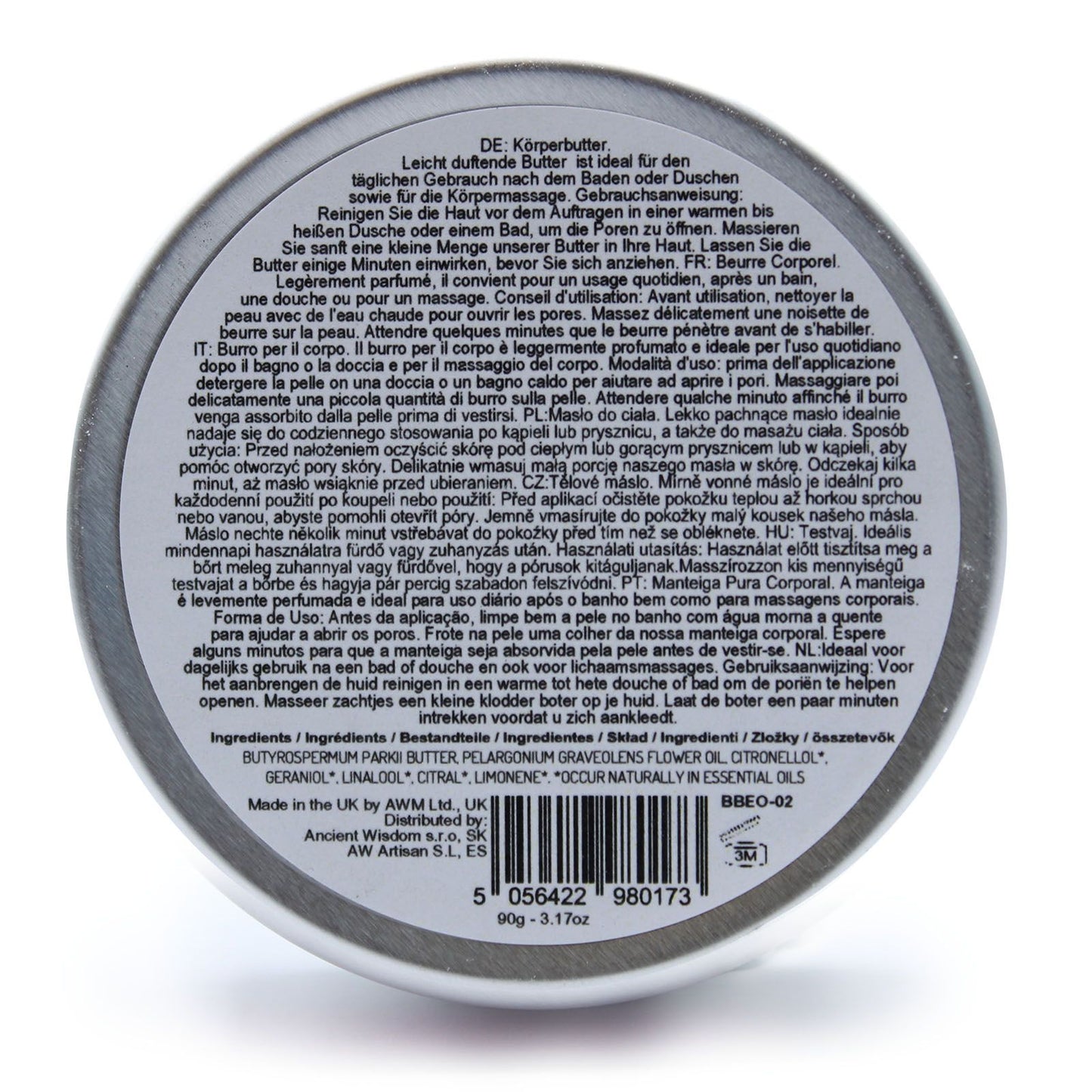 Aromatherapy Shea Body Butter by The Bliss Co in 90g jar with geranium scent, creamy texture, and natural ingredients.