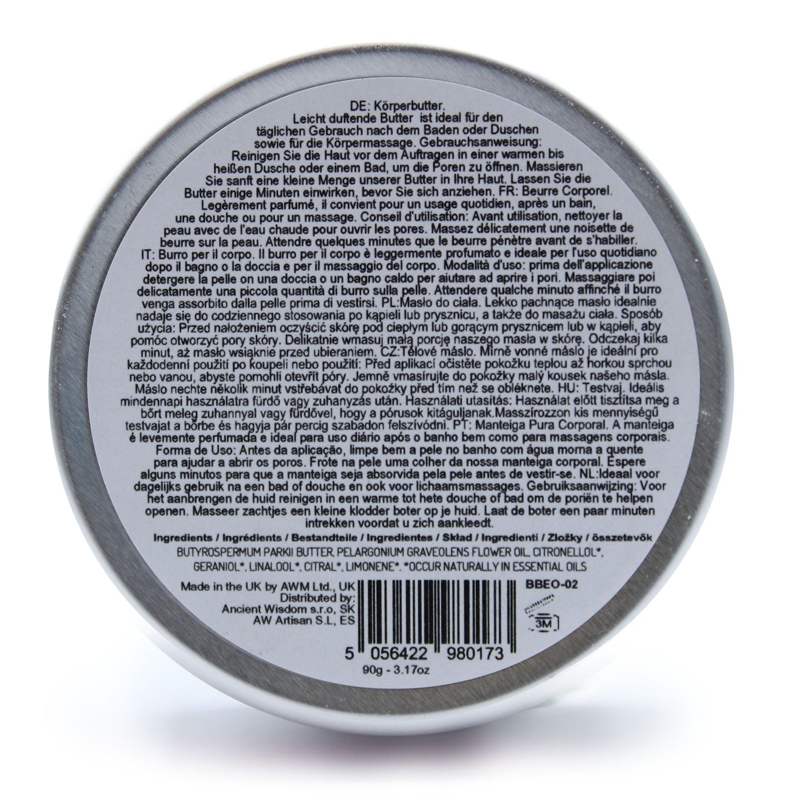 Aromatherapy Shea Body Butter by The Bliss Co in 90g jar with geranium scent, creamy texture, and natural ingredients.