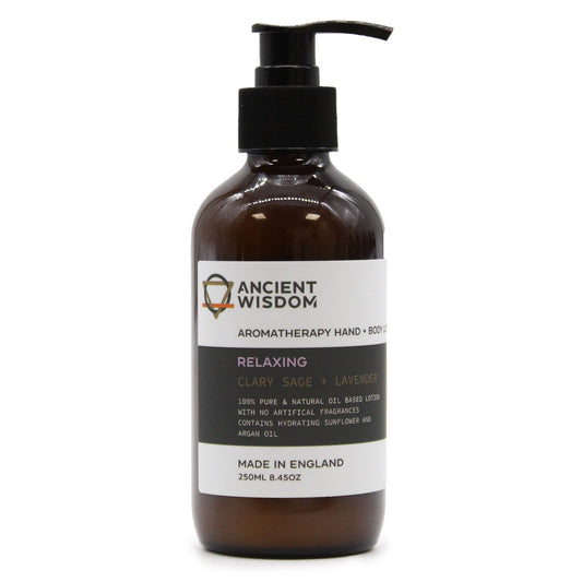 Clary Sage and Lavender hand and body lotion by The Bliss Co, 250ml, with soothing aromatherapy ingredients and creamy texture.