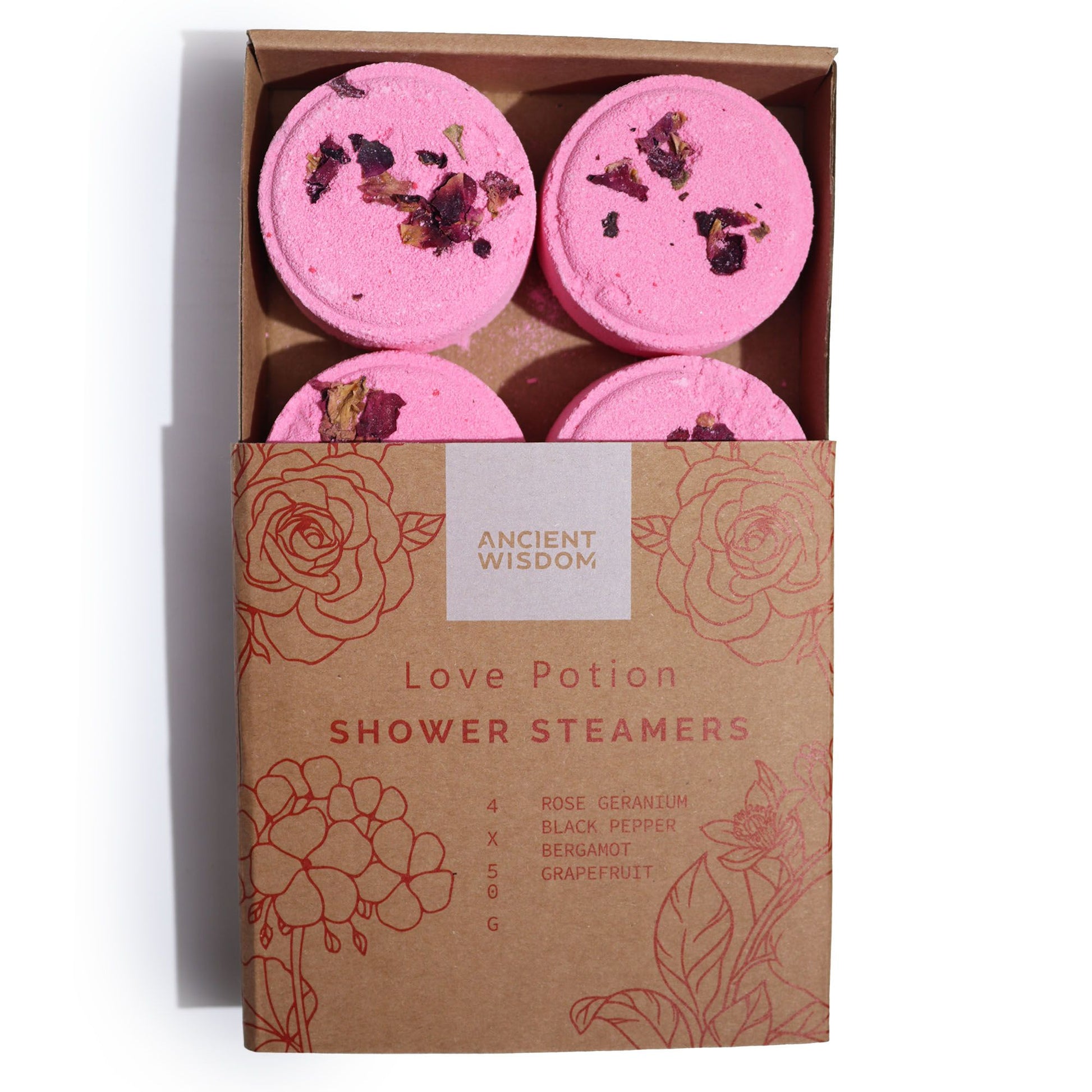 Zen Shower Steamers from The Bliss Co Therapy Wellness Gift Set, Love Potion, with calming steamers visible in the set.