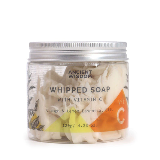 Aromatherapy whipped soap with Vitamin C from The Bliss Co, showing a fluffy, creamy soap in a jar for skincare.