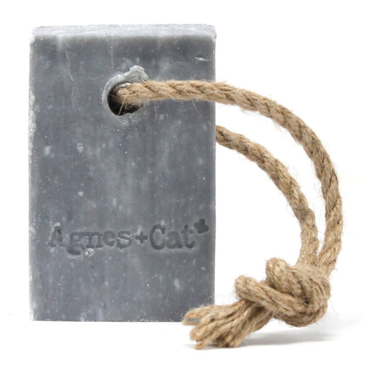 Agnes + Cat Soap on a Rope by The Bliss Co featuring a decorative soap shaped like a cat hanging on a rope.